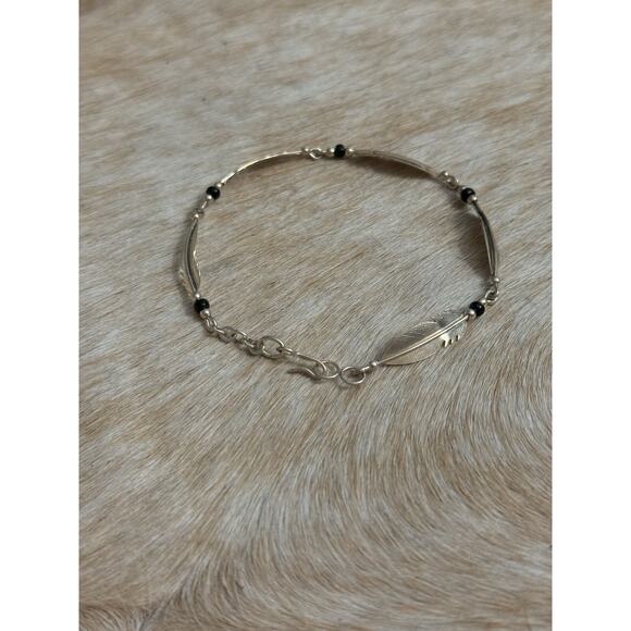 Native American SW Sterling Silver Feather Link Onyx Bracelet 7” - Picture 7 of 12